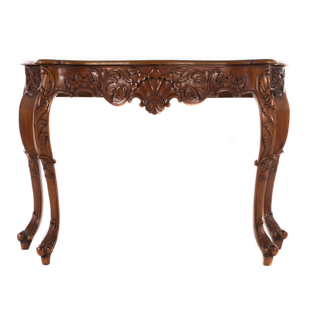 Appraisal: Rococo style carved mahogany console table th century serpentine top