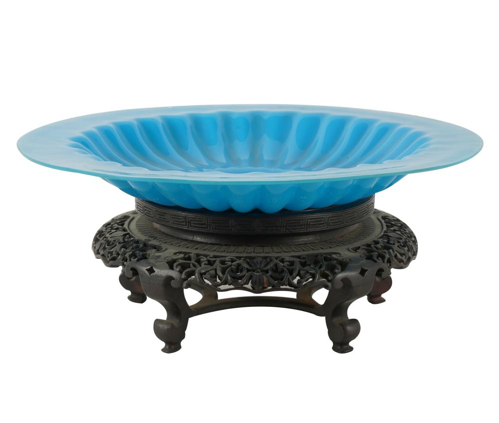 Appraisal: CHINESE BLUE PEKING GLASS BOWLon a carved wood stand inches