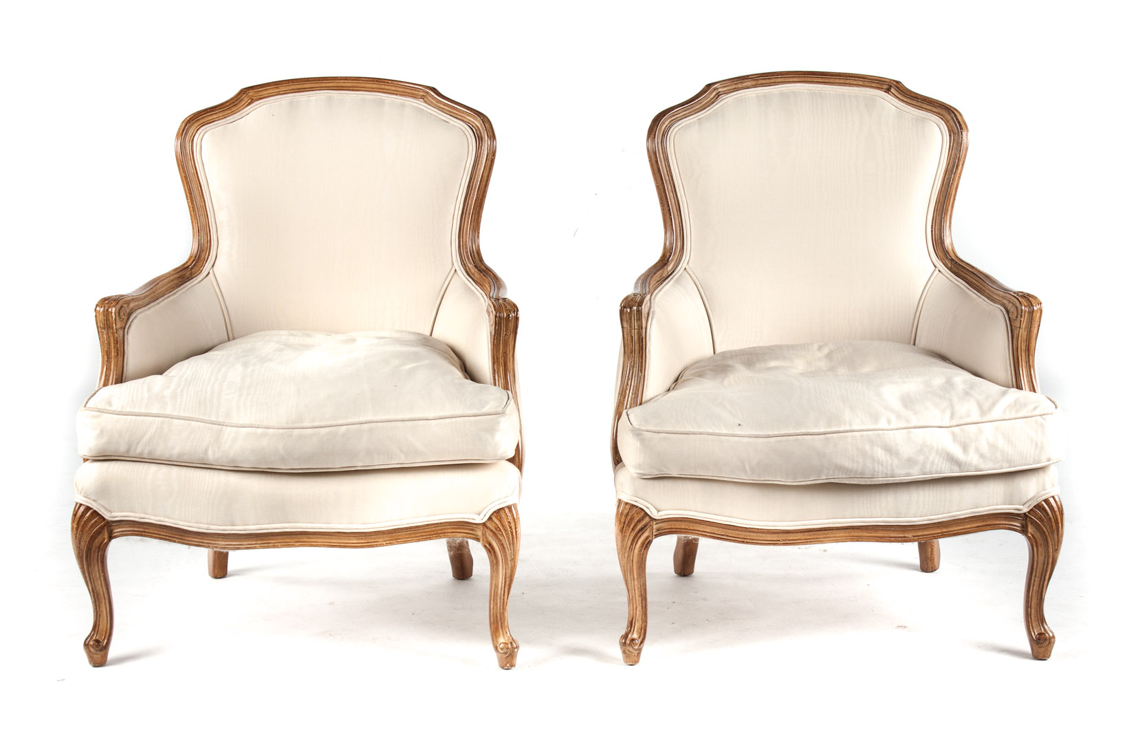 Appraisal: Pair of Louis XV style armchairs ivory moir upholstery over