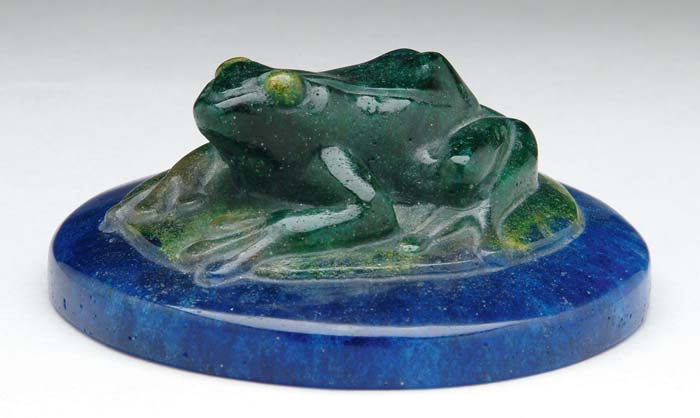 Appraisal: DECORCHEMONT PATE DE VERRE FROG PAPERWEIGHT Emerald green frog resting