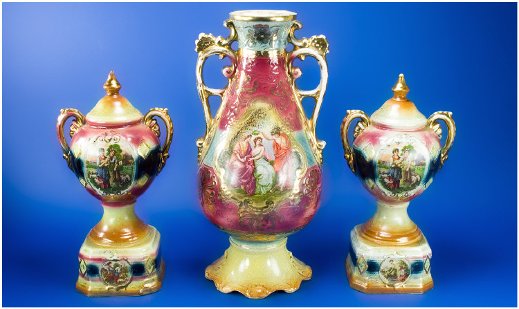 Appraisal: Garniture of Three Vienna Style Vases by Harley Jones Staffs