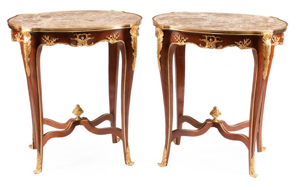 Appraisal: Pair of Louis XV-Style Bronze-Mounted Kingwood Gueridons shaped inset marble