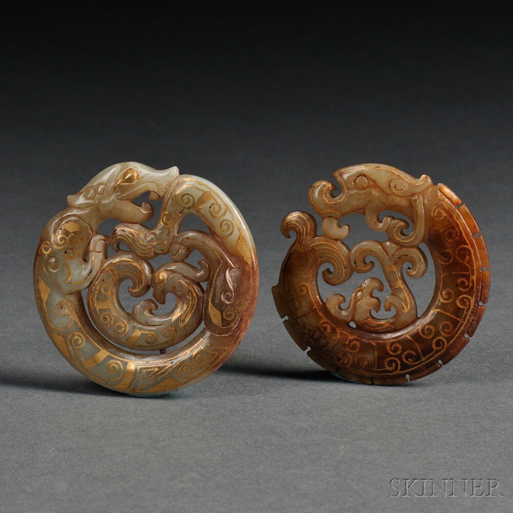 Appraisal: Pair of Archaistic-style Jade Pendants China round depicting a chilong