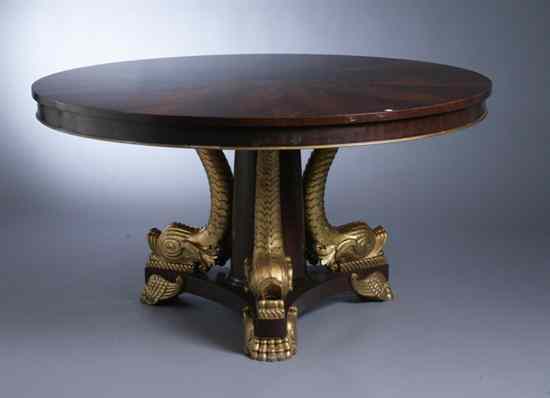 Appraisal: REGENCY STYLE CENTER TABLE WITH GILT DOLPHIN PEDESTAL BASE Round