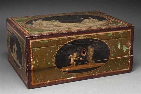 Appraisal: Regency Classical style painted wood sewing box circa lid with