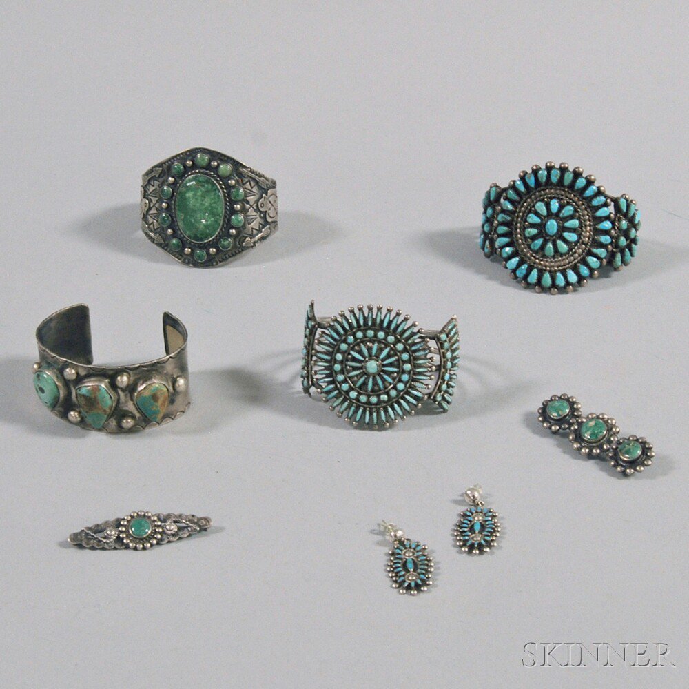 Appraisal: Small Group of Southwestern Silver and Turquoise Jewelry four cuff