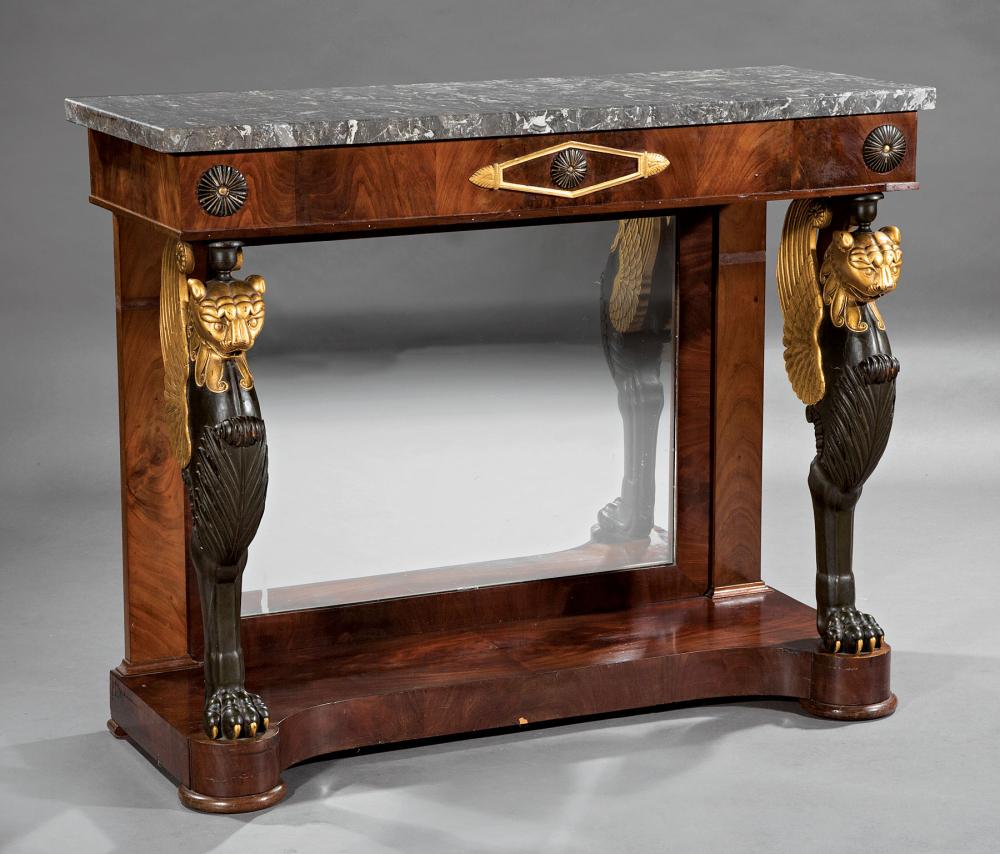 Appraisal: Pair of Empire-Style Carved Ebonized and Gilded Mahogany Pier Tables