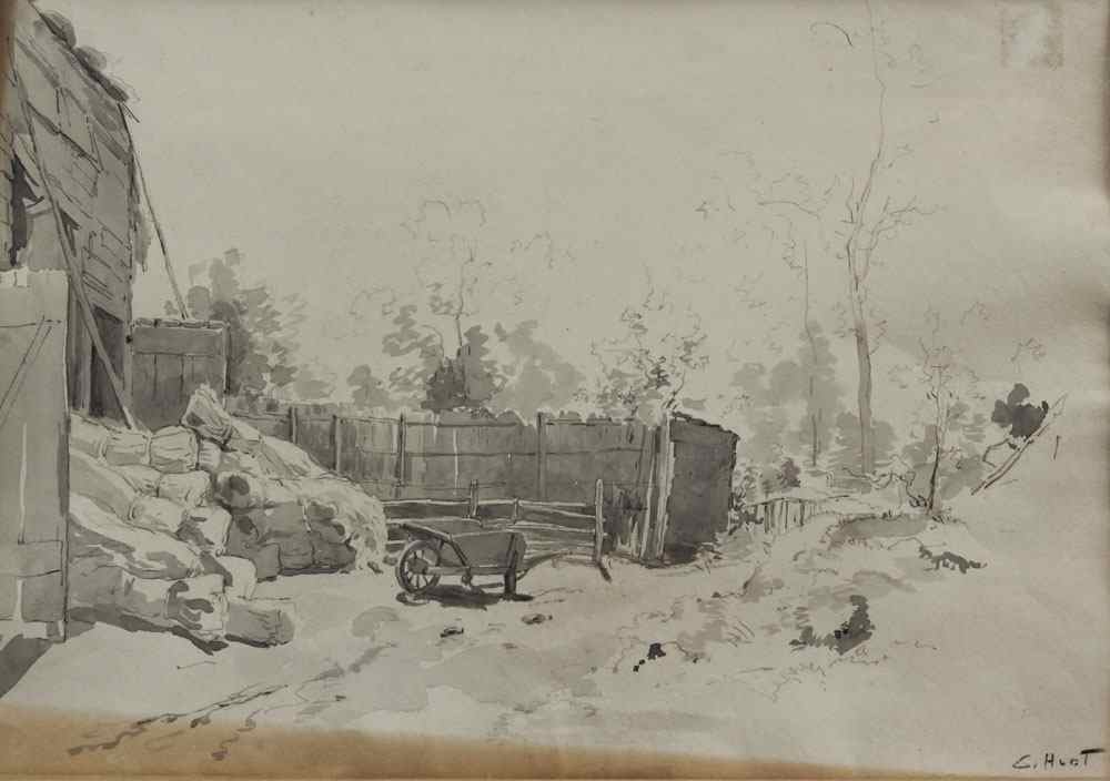 Appraisal: HUOT Charles Canadian - Barnyard Scene With Wheelbarrow Pencil and