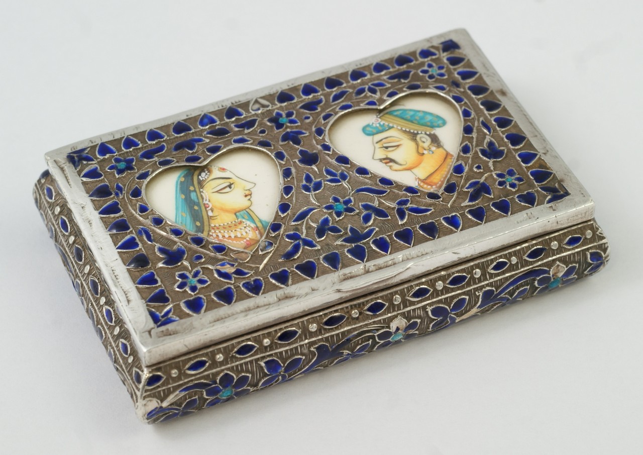 Appraisal: Unusual Indian Silver and Enameled snuff box with two miniature