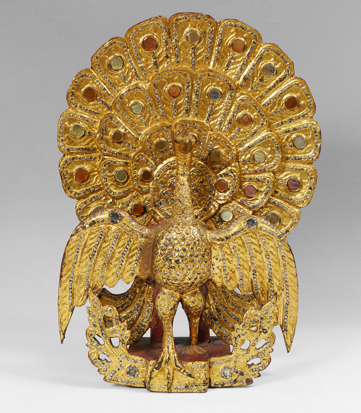 Appraisal: THAI CARVED GILT WOOD PEACOCK Carved figural peacock with inset