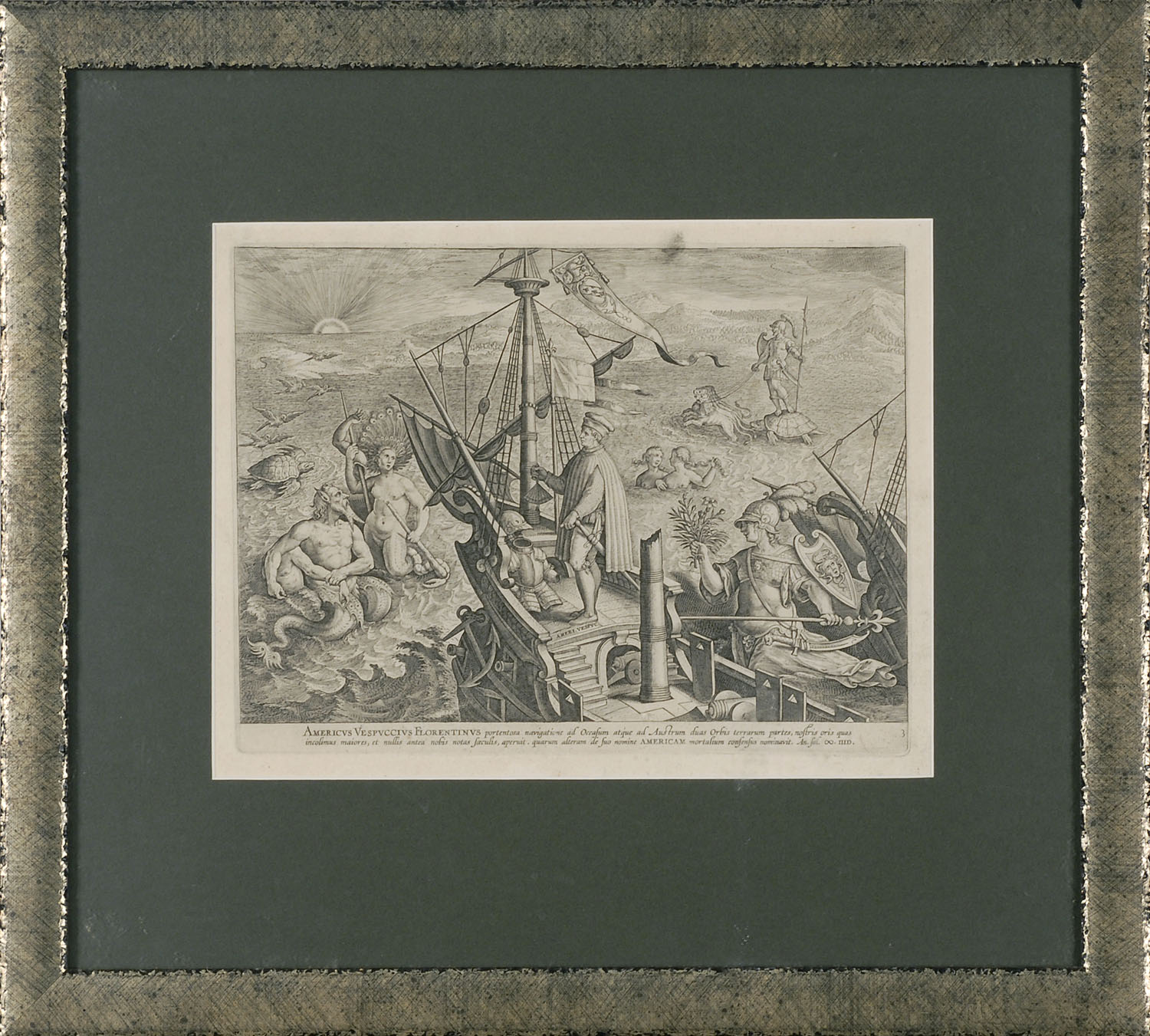 Appraisal: FRAMED ENGRAVING DEPICTING A VOYAGE OF AMERICVS VESPVCCIVS Dutch th