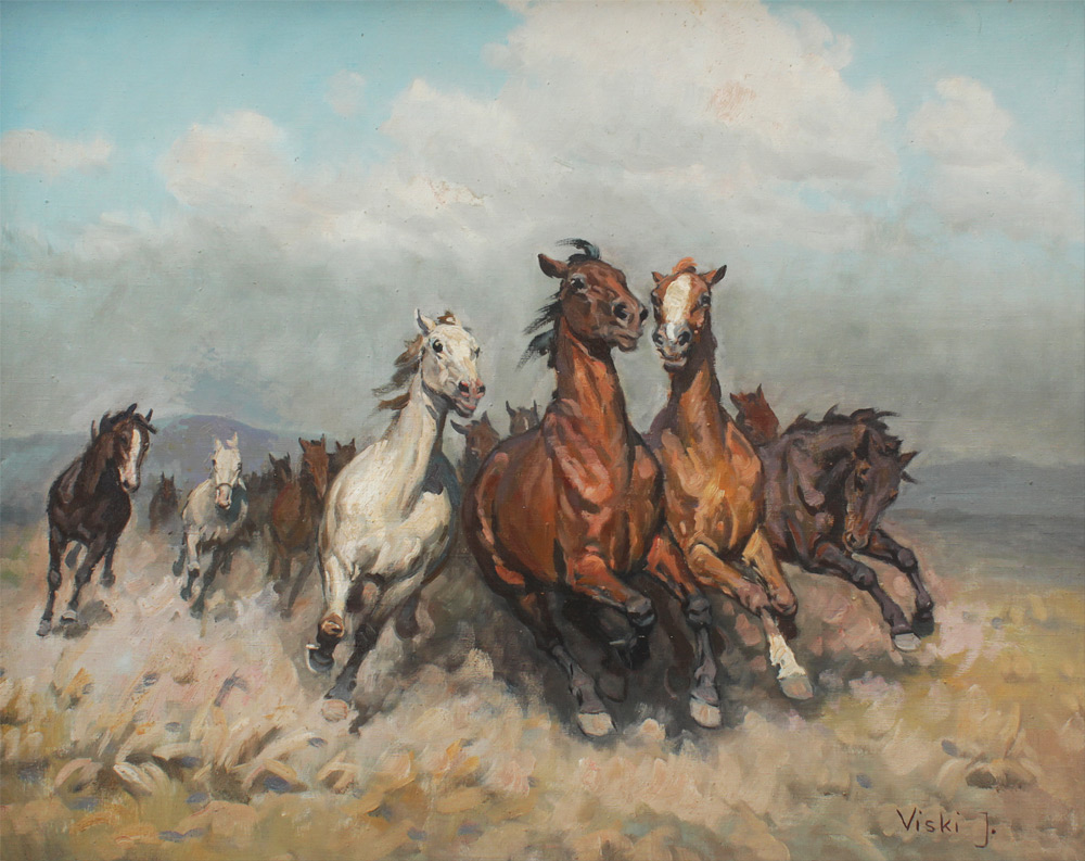 Appraisal: VISKI Janos Hungarian - Herd of Wild Horses Charging Oil