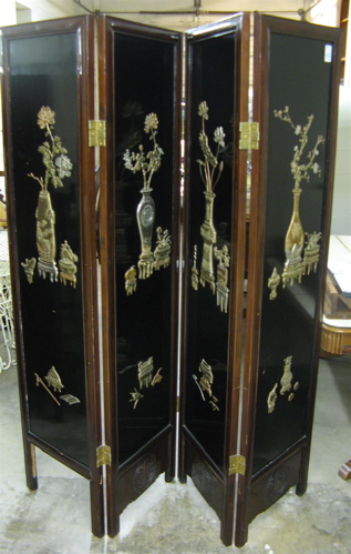 Appraisal: FOUR-PANEL ROSEWOOD FLOOR SCREEN Chinese th century each panel decorated