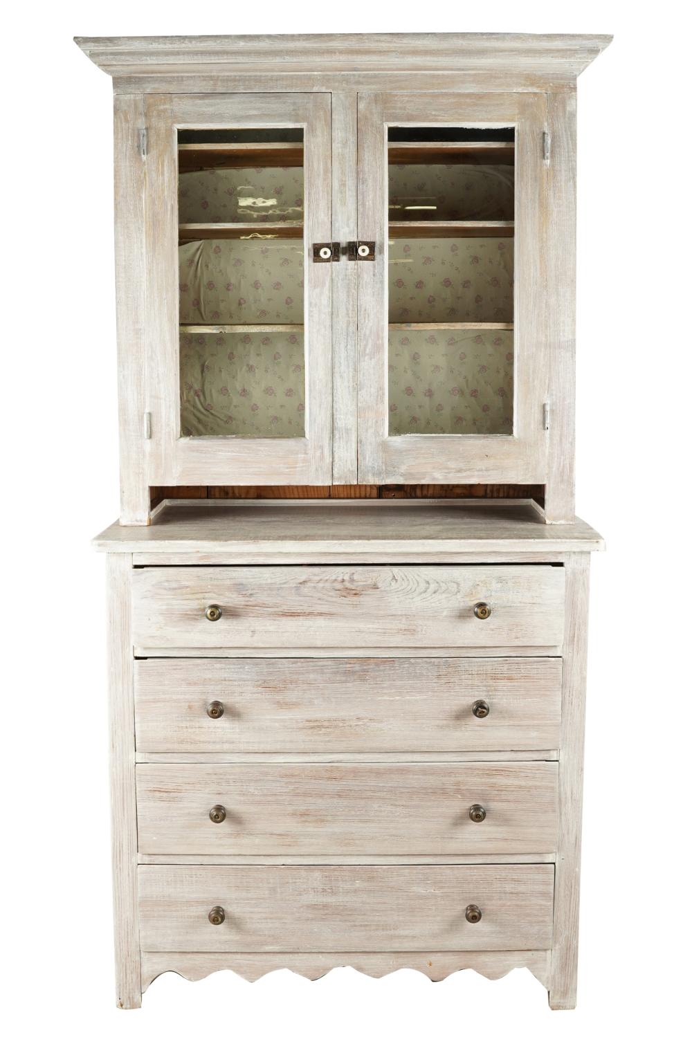 Appraisal: RUSTIC STYLE WHITE-WASHED PINE HUTCHlate th century in two parts