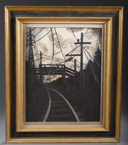 Appraisal: Untitled railroad at dusk Label adhered to verso Gabriel van