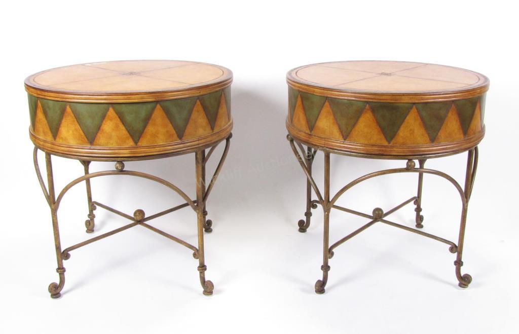 Appraisal: A pair of paint-decorated drum tables decorator quality faux leather