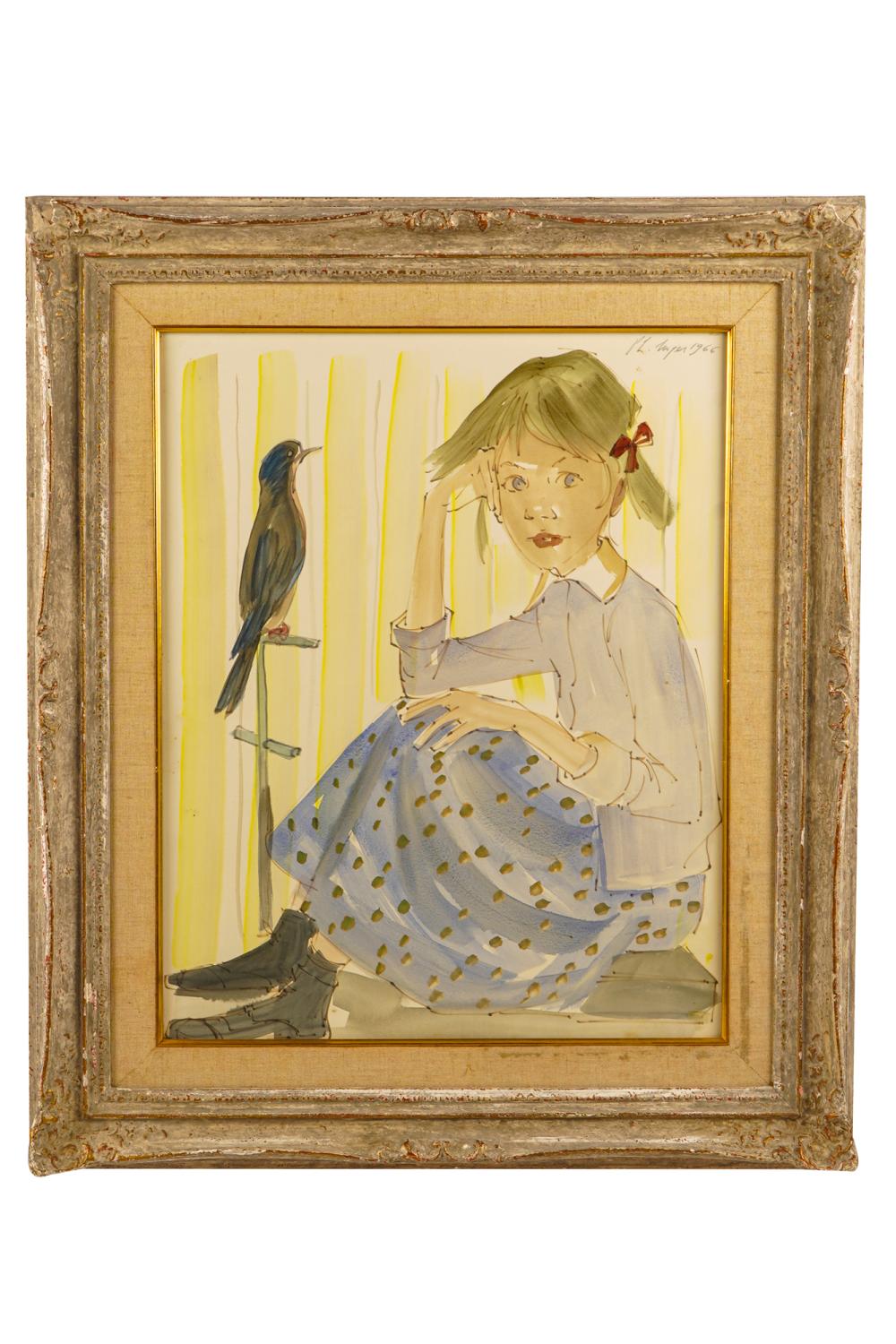 Appraisal: PHILIPPE HENRI NOYER - GIRL WITH BIRD watercolor on paper