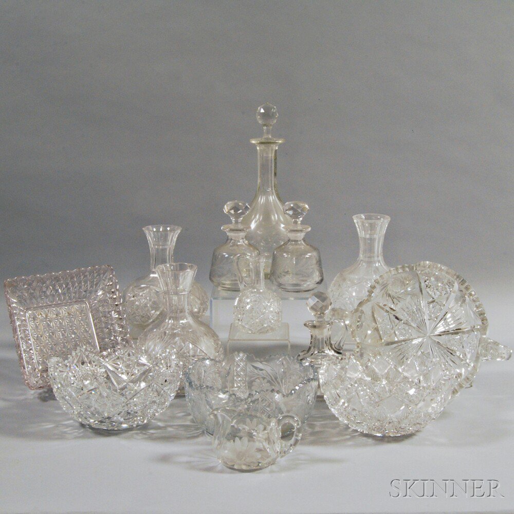 Appraisal: Fourteen Cut Glass Items a pair of decanters with etched