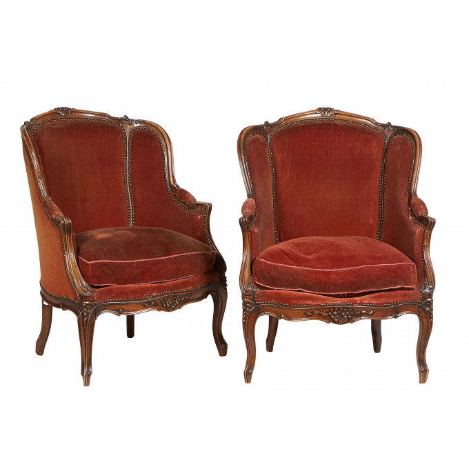 Appraisal: Pair of French Louis XV Style Carved Walnut Bergeres early