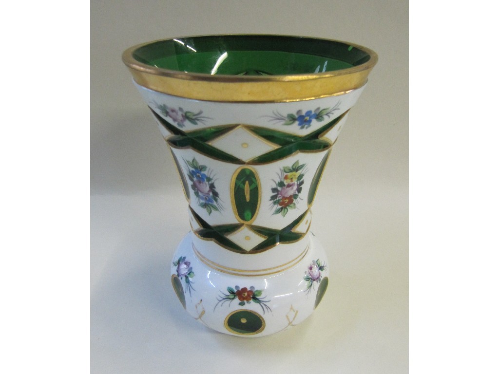 Appraisal: Bohemian white flashed green glass vase with cut and painted