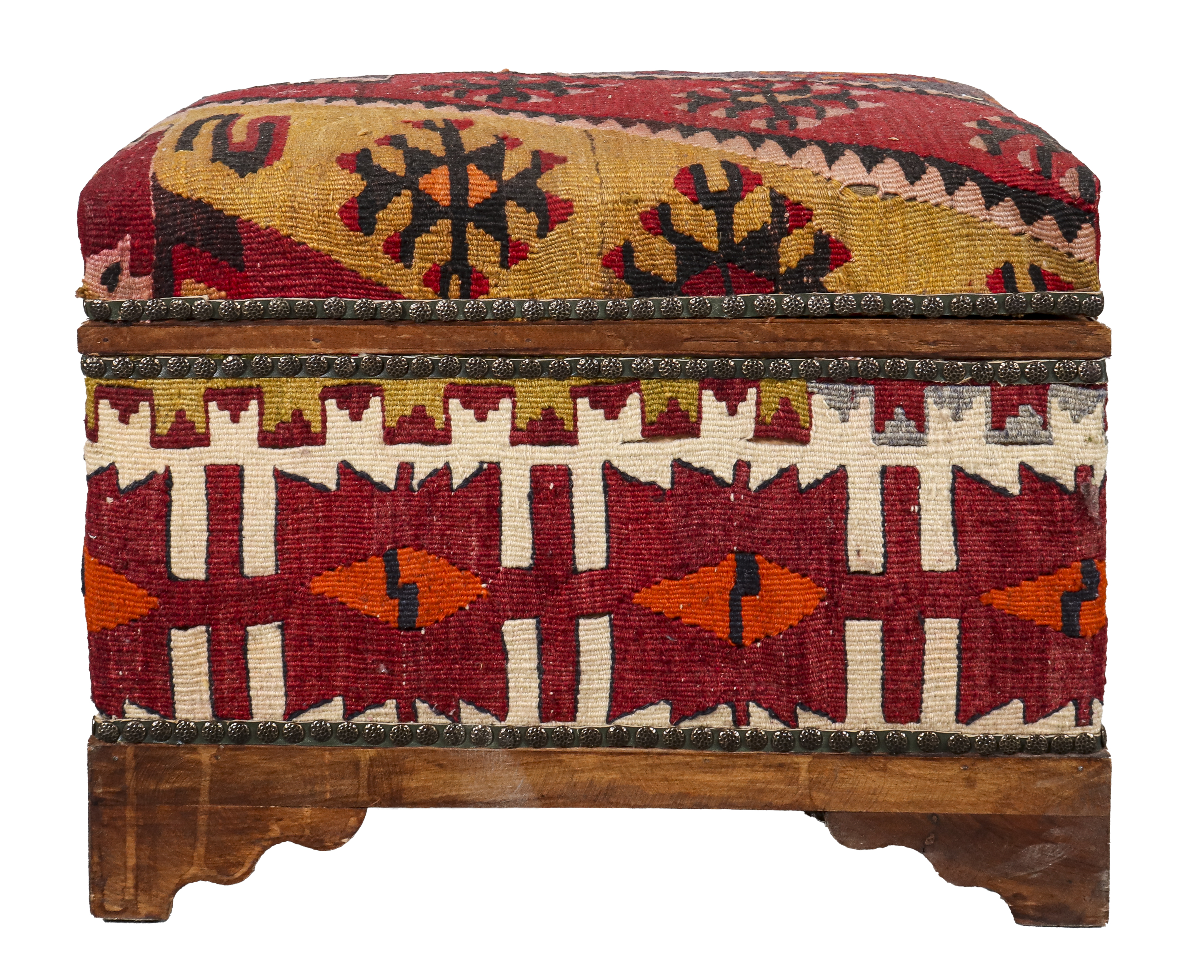 Appraisal: KILIM UPHOLSTERED BENCH W STORAGE Tribal wood bench upholstered in