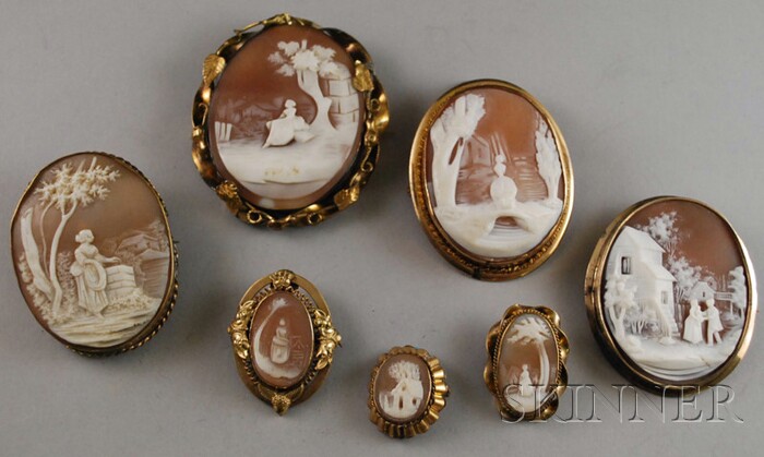 Appraisal: Seven Antique Shell-carved Cameo Brooches all depicting figures in a