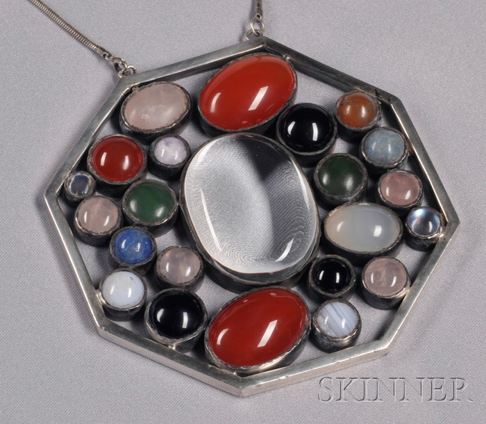 Appraisal: Large Gem-set Silver Pendant the octagonal form bezel-set with various