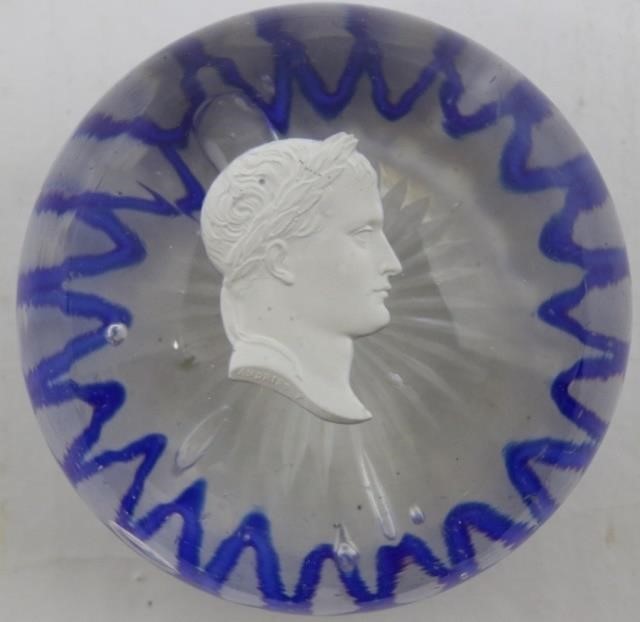 Appraisal: POSSIBLY BACCARAT SULPHIDE PAPERWEIGHT BUSTWITH BLUE TORSADE SIGNED ANDRIEU DIAMETER