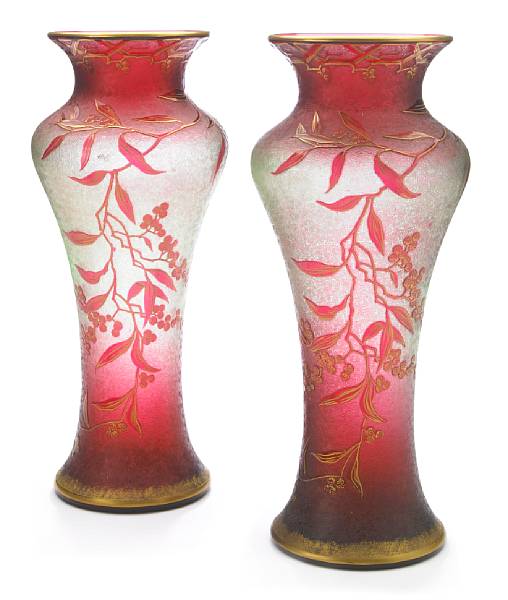 Appraisal: A pair of Baccarat gilt and etched decorated vases late