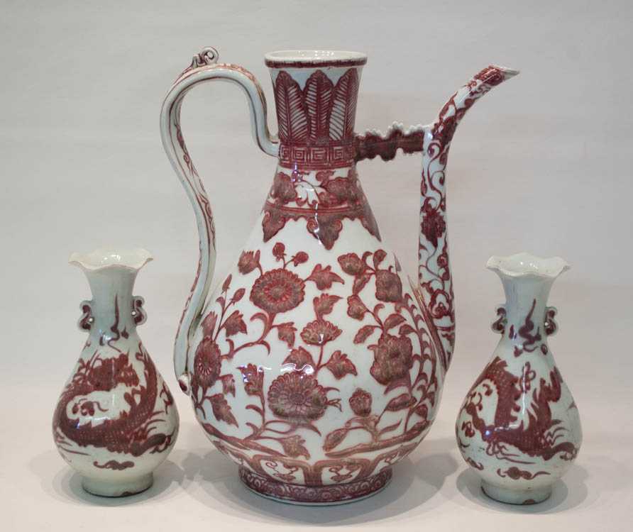 Appraisal: THREE CHINESE PORCELAIN VESSELS with hand painted iron red motifs