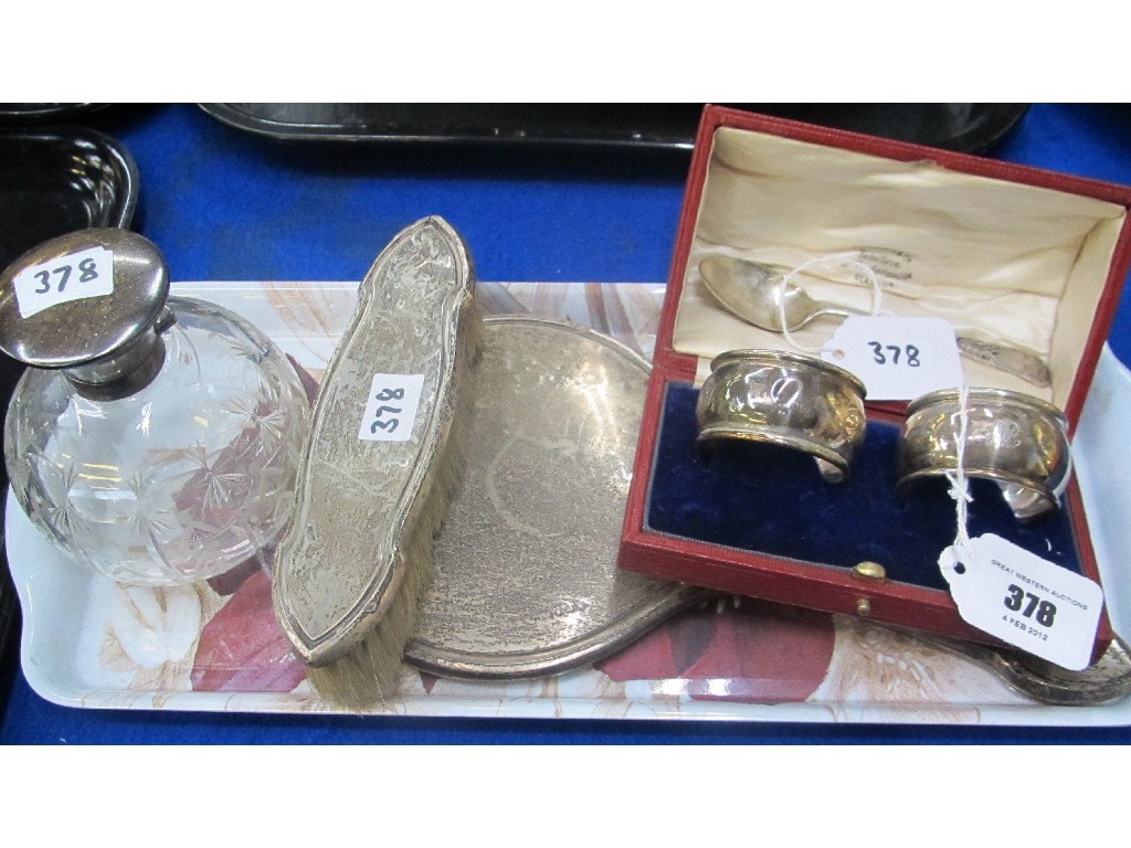 Appraisal: Tray lot of silver - napkin rings brush and mirror