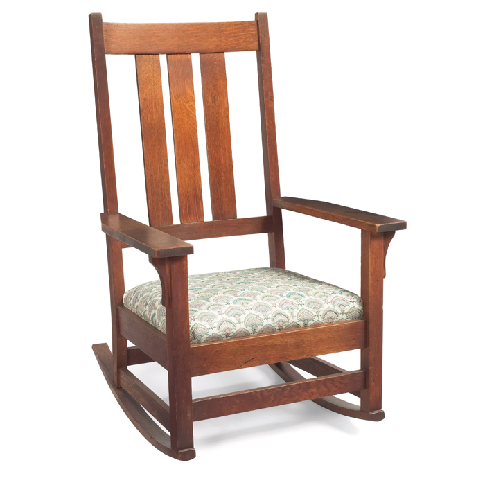 Appraisal: Gustav Stickley rocker high-backwith three vertical slats over recoveredseat corbel