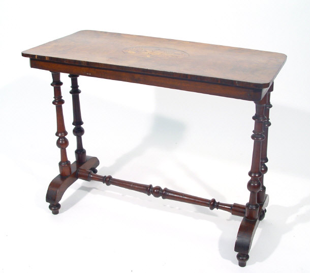 Appraisal: th Century floral inlaid rectangular walnut side table on turned