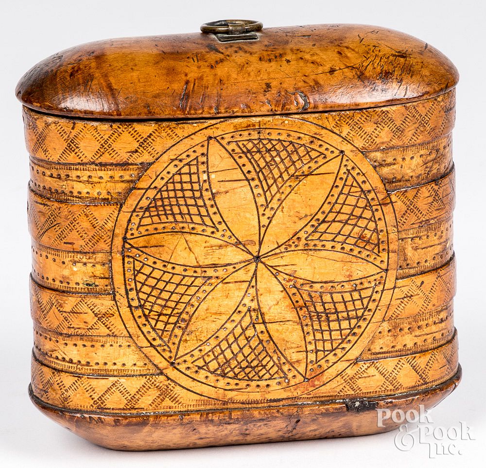 Appraisal: Birch bark and maple lidded box th c Birch bark