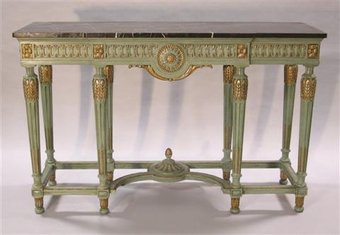 Appraisal: LOUIS XVI STYLE GREEN PAINTED MARBLE CONSOLE Twentieth century the