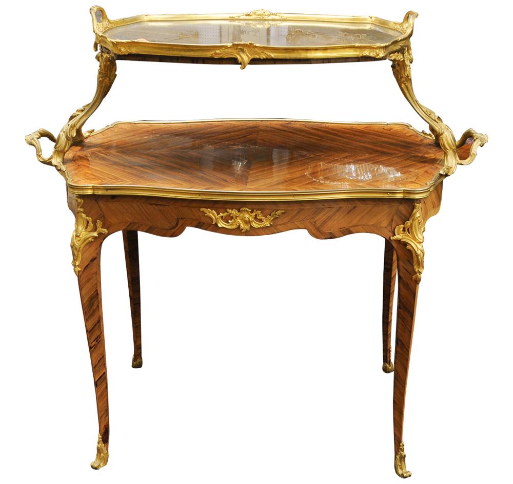 Appraisal: LOUIS XV STYLE KINGWOOD GILT-BRONZE TEA TABLEin the style of