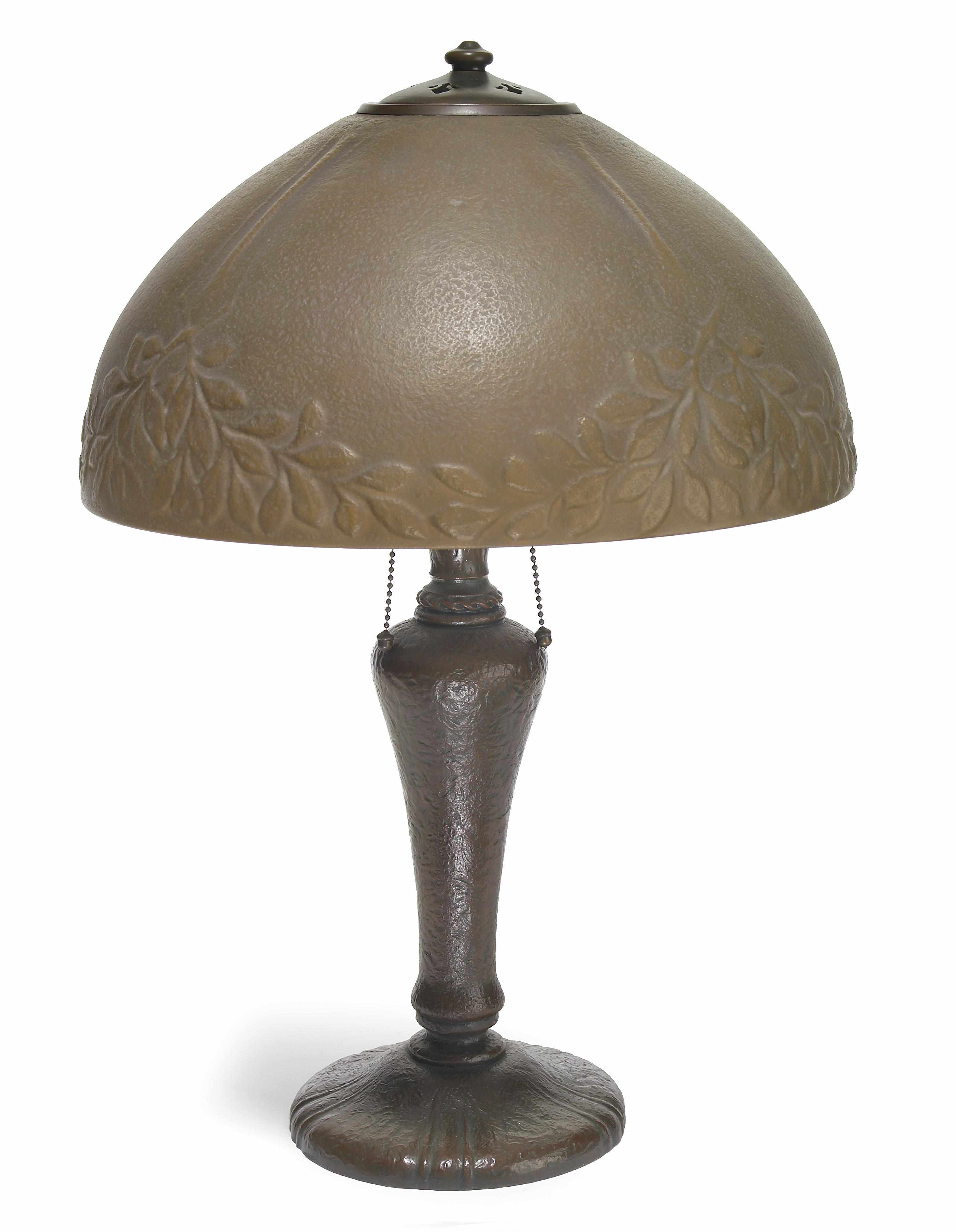 Appraisal: A Handel painted molded glass and patinated metal lamp early