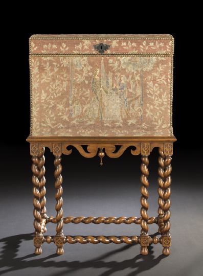 Appraisal: Flemish Needlepoint-Upholstered Marriage Chest th century the slightly domed lid