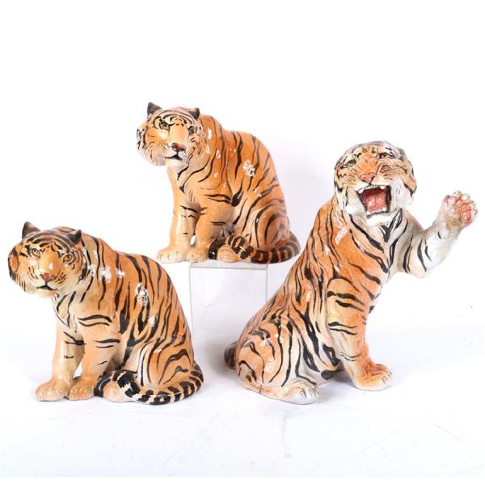 Appraisal: GROUP OF THREE ITALIAN CAPODIMONTE TERRA COTTA TIGER ANIMAL FIGURES