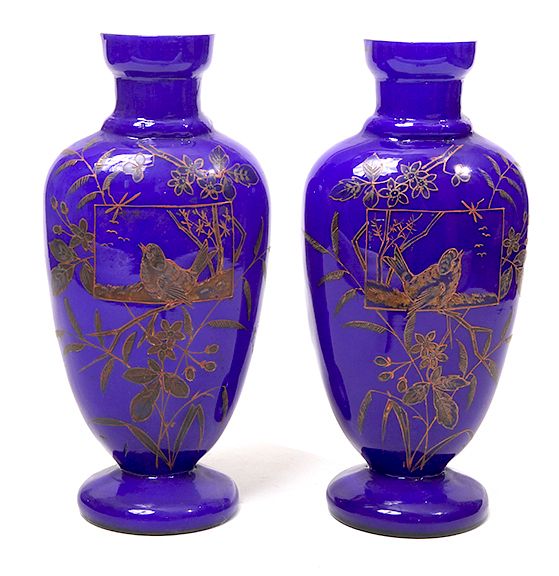 Appraisal: Song Bird Cased Cobalt Vases A pair of late Victorian