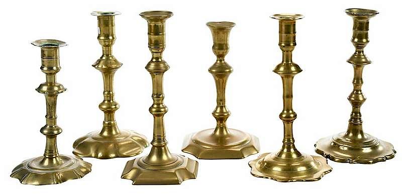 Appraisal: Six Georgian Brass Candlesticks British th Century six various notched