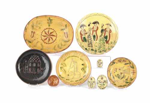 Appraisal: Nine Breininger sgraffito decorated redware dishes largest - x