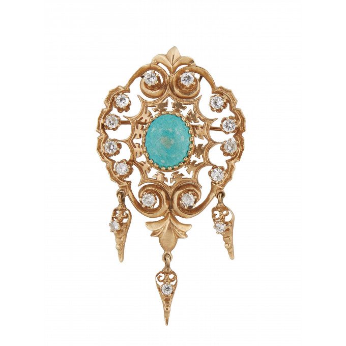 Appraisal: K Yellow Gold Turquoise Pendant Brooch with a central oval