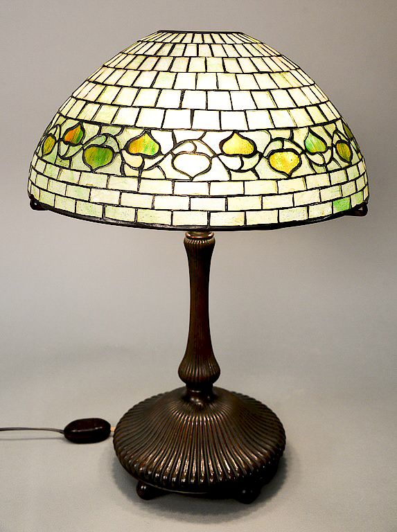 Appraisal: Tiffany Studios Acorn table lamp green leaded glass shade on