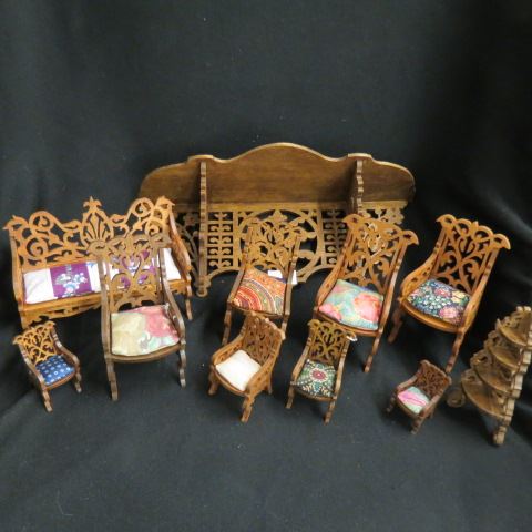 Appraisal: Fretwork Carved Wooden Items miniature furniture shelf more