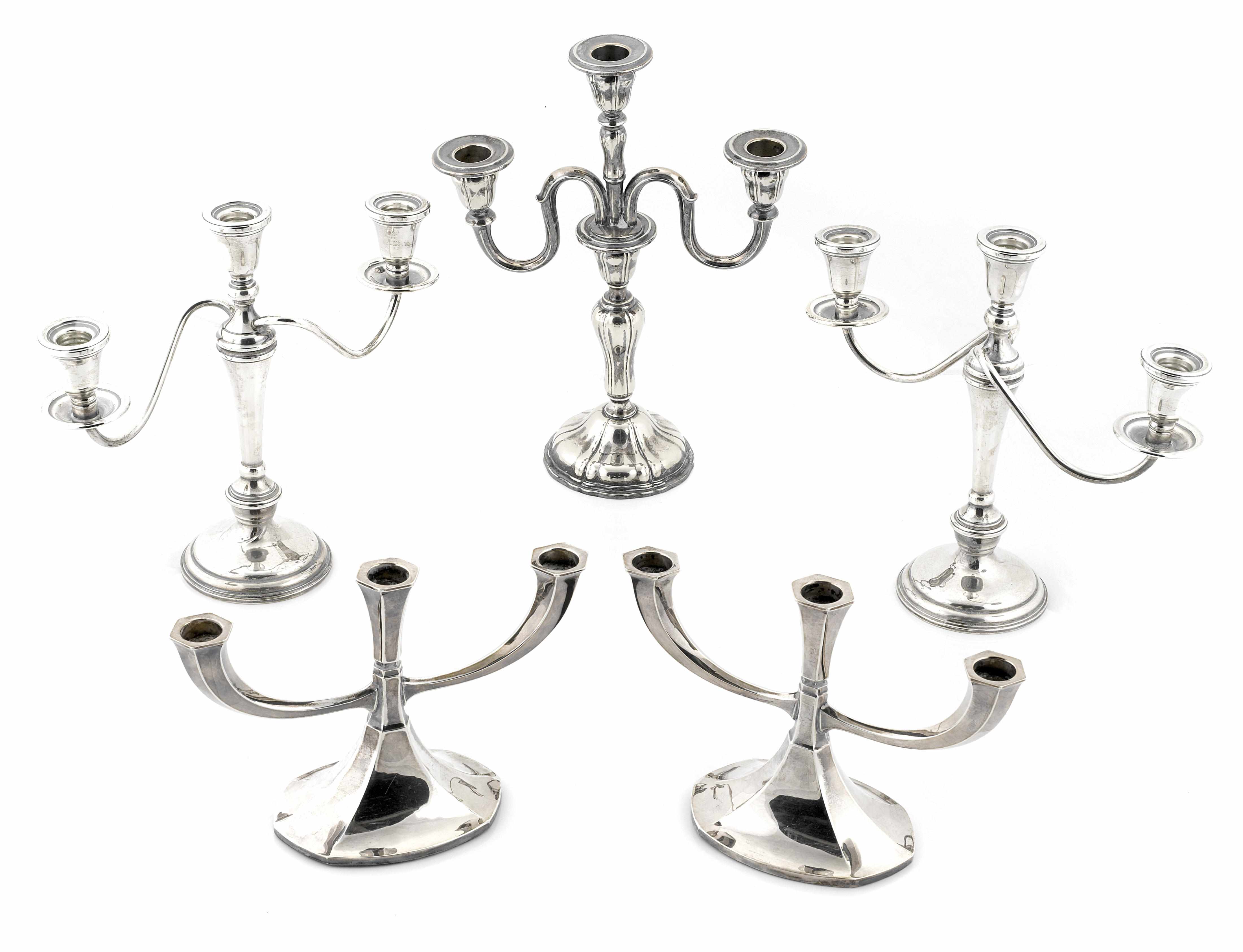 Appraisal: Two pairs of weighted silver three-light candelabra th century th