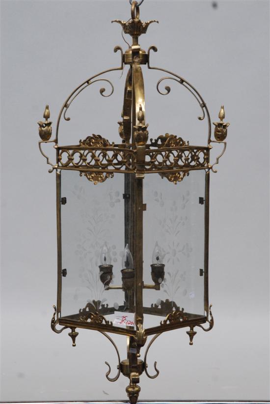 Appraisal: BRONZE LANTERN FIXTURE Having etched glass panels H