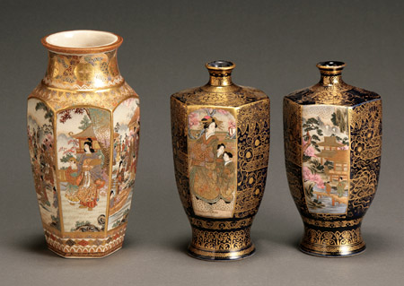 Appraisal: Groupof Three Japanese Earthenware Hexagonal Vases Meiji Period - The