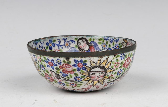 Appraisal: A PERSIAN QAJAR CIRCULAR ENAMEL WINE CUP with polychrome Zoroastrian