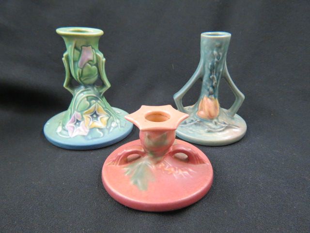 Appraisal: Roseville Pottery Candleholders Morning Glory Magnolia blue and Foxglove red